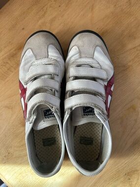 Leather asics red white and blue with Velcro closure